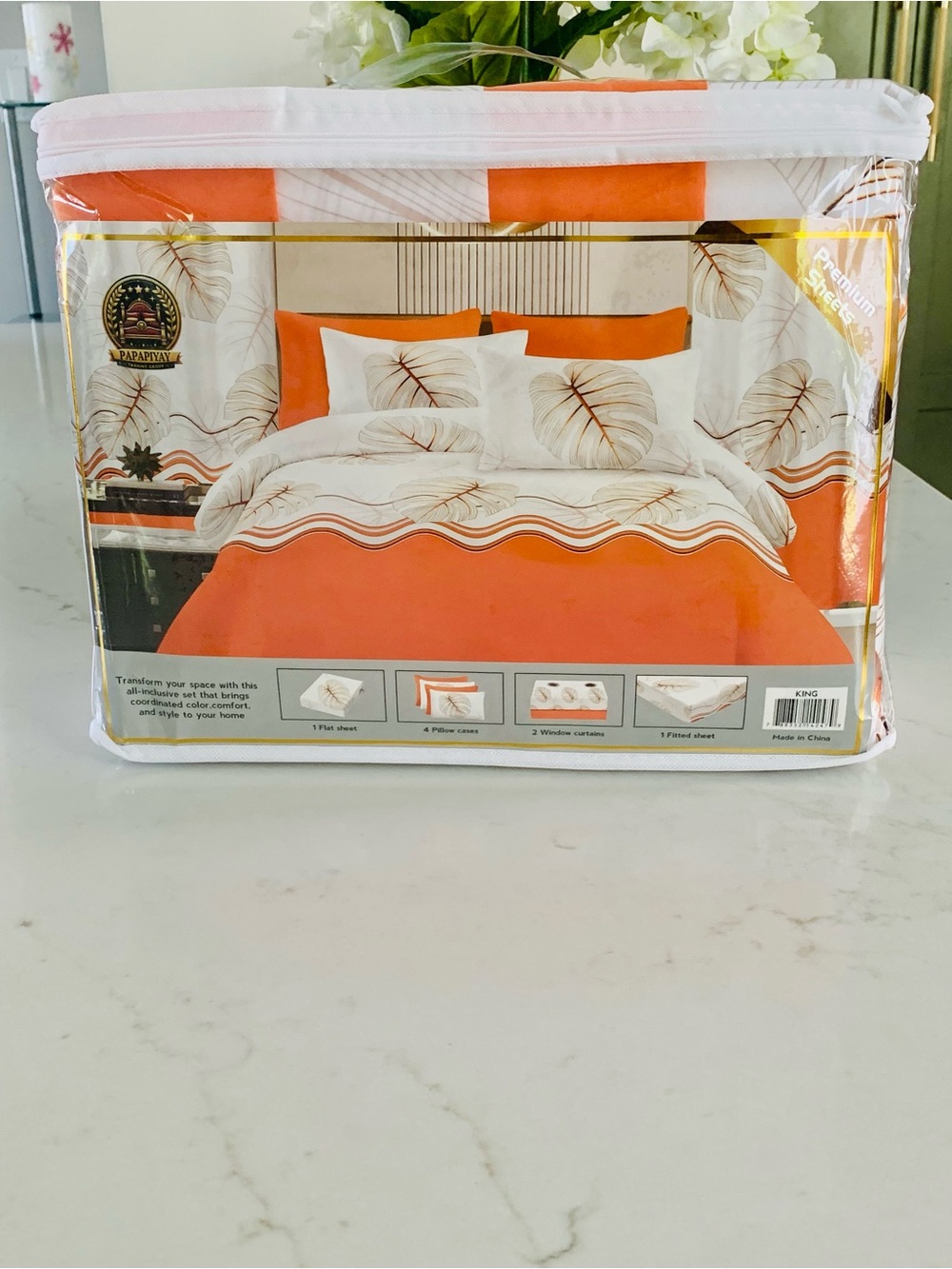 PAPAPIYAY 2800 Series 8PC Organic Cotton King Sheet Set w/ Curtains Orange White